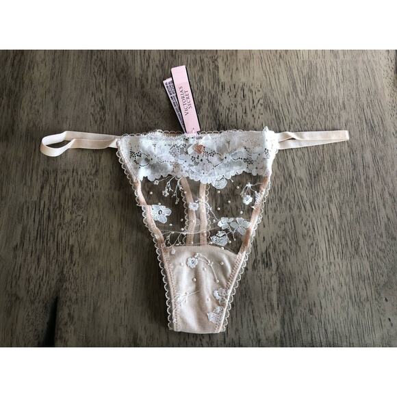Victoria's Secret Embroidered Floral Nude and White Pearl Accented Lace Thong- L - Picture 1 of 2